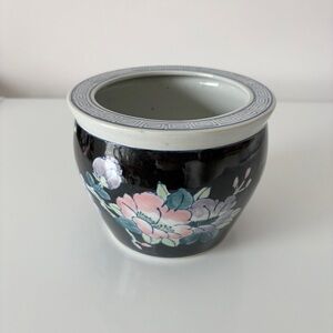 Vintage Chinoiserie Porcelain Ceramic Fish Bowl Planter Pot Navy Blue Floral